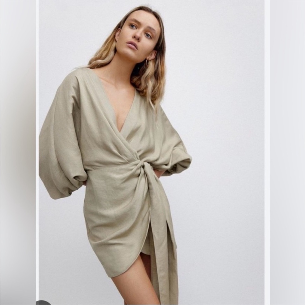 Sage Wrap Midi Dress with Draped Tie
